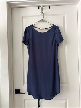 Lavender Brown Silk Blend Blue Short Sleeve Mini Tunic Dress